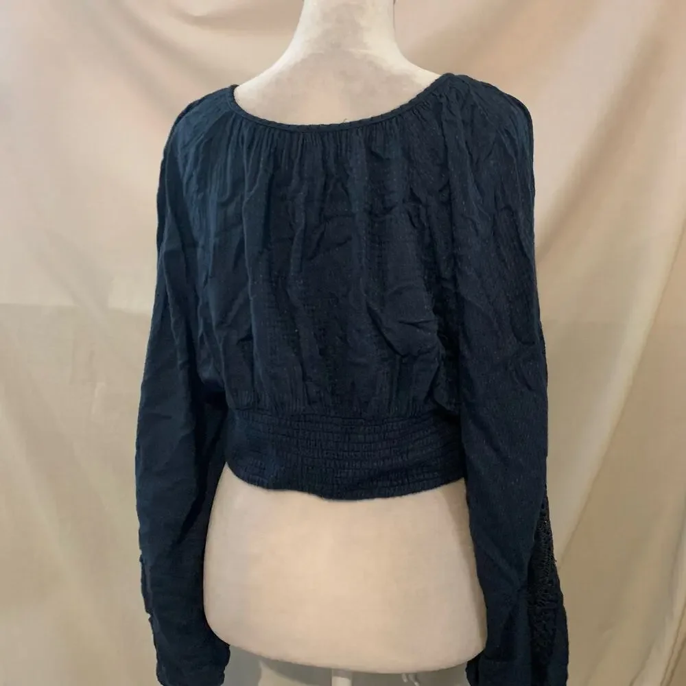 Free People Southwest Navy Smocked Waist Balloon Sleeve Crop Top Large